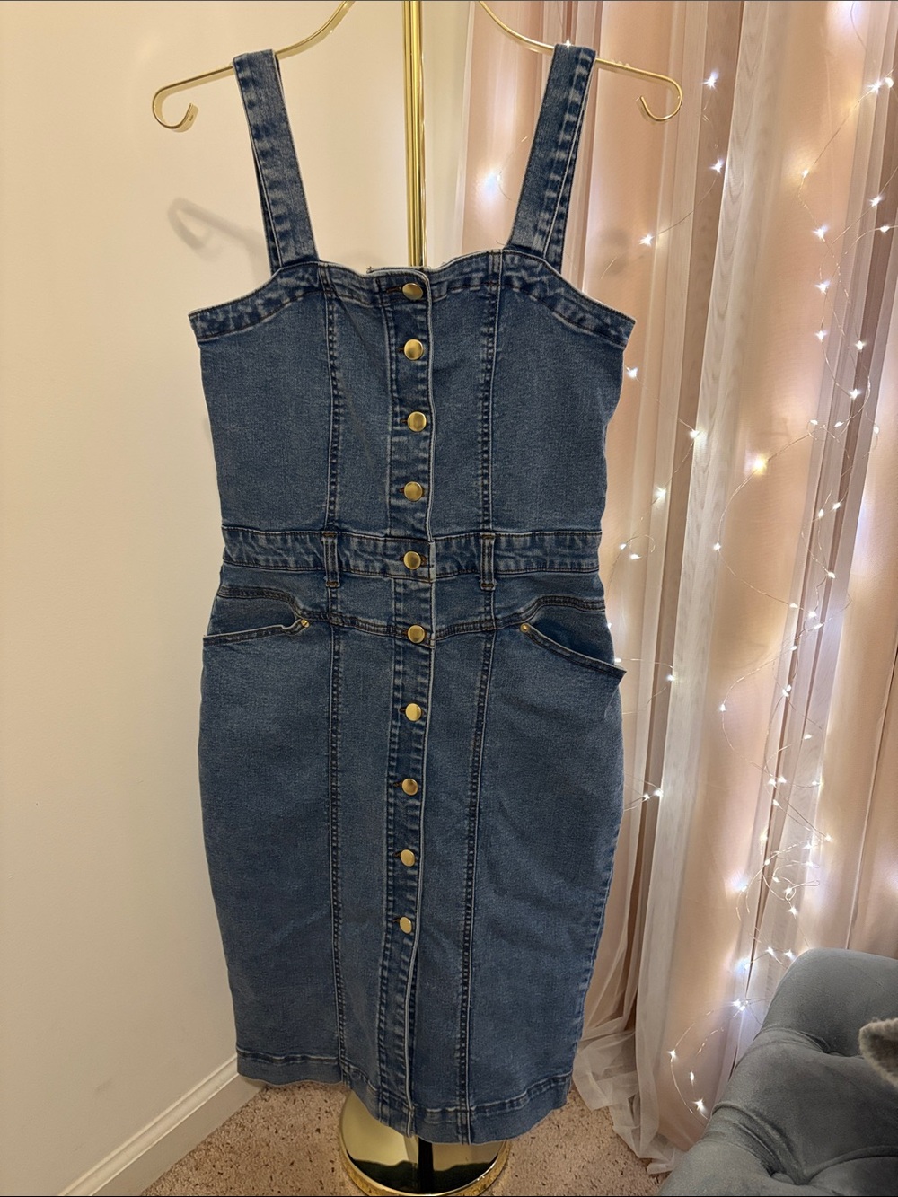 Express Denim Gold Button Front Midi Fit and Flare Dress with Pockets